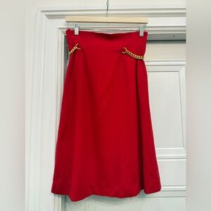 VINTAGE CELINE PARIS RED WOOL PENCIL SKIRT WITH CHUNKY GOLD CHAIN ACCENTS 8